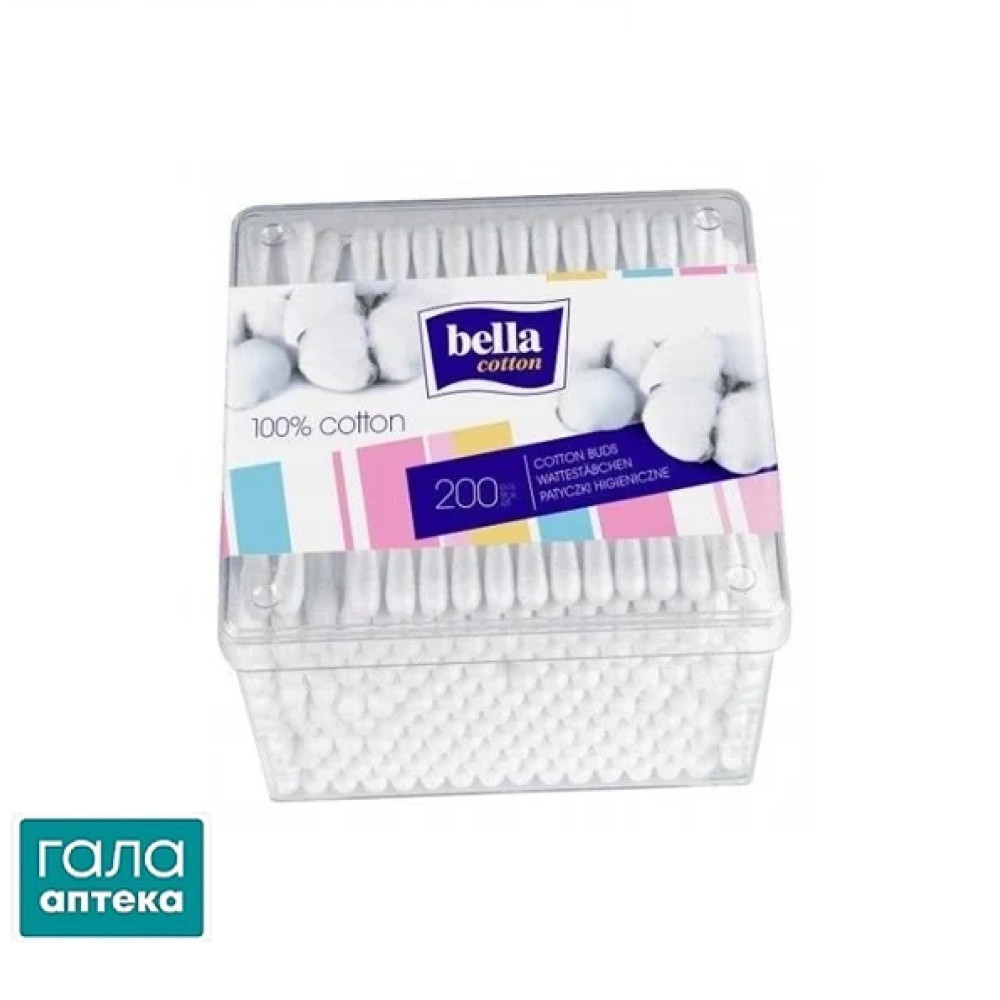 Палочки ватные гигиенические Bella Cotton, пластиковая прямоугольная упаковка, 200 штук